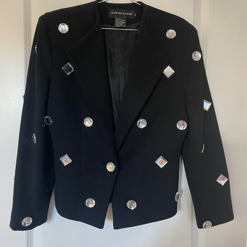 jacket custom made black merino wool front back sleeve embellished faux crystal